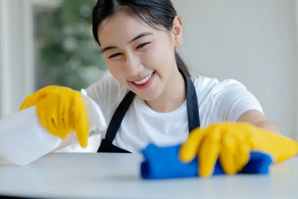 Asian female cleaner wiping down tables with cleaning spray, Wear rubber gloves and an apron and work with a happy smile, Use a towel to wipe the table, cleaning idea.