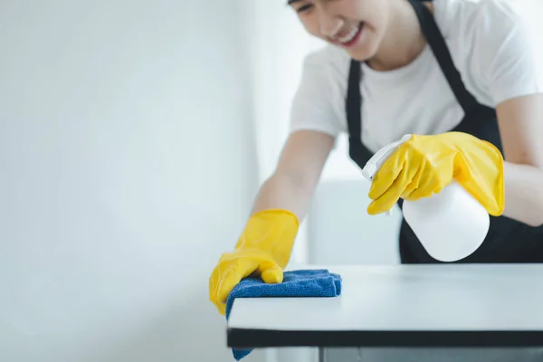 Asian female cleaner wiping down tables with cleaning spray, Wear rubber gloves and an apron and work with a happy smile, Use a towel to wipe the table, cleaning idea.