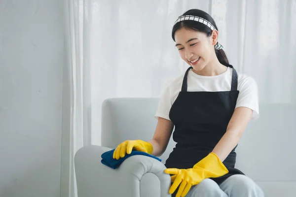 The cleaning staff is cleaning the furniture inside the house, Wear rubber gloves and an apron and work with a happy smile, Use a towel to wipe the couch, cleaning idea.