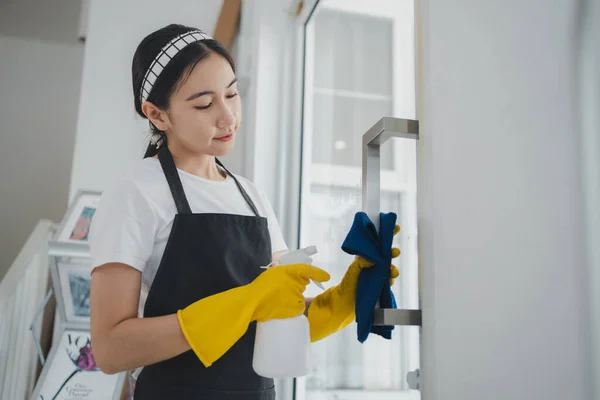 Housekeeper cleaning the furniture at home, Wear an apron and rubber gloves to protect against cleaning chemicals, female wiping down door handle with cleaning spray, cleaning idea.