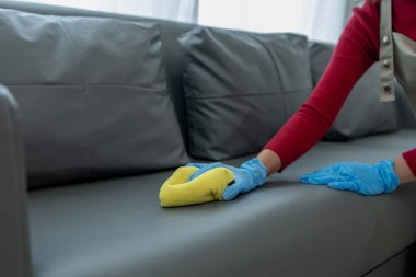 Temizlikçi evin içindeki oturma odasını temizliyor, kanepeyi havlu ve dezenfektanla temizliyor, temizlik yaparken lastik eldiven takıyor, temizlik malzemesi ve temizleme fikriyle uğraşıyor..