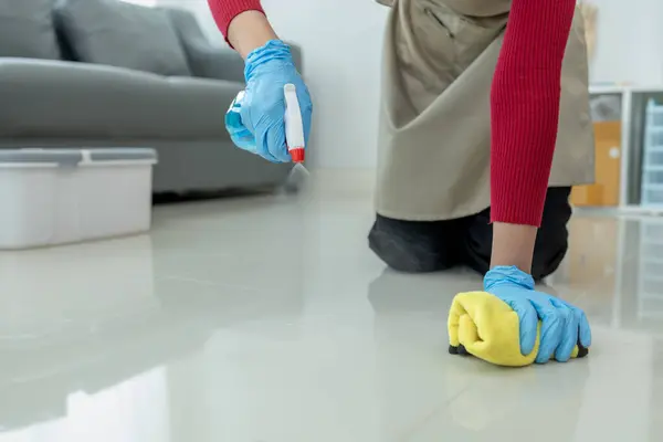 Clean the floor with a mop, Clean the floor in the living room, Clean the rooms inside the apartment for hygiene, Use a towel to wipe the floor clean, cleaning idea.