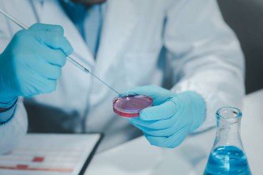 Kimyager test tüplerini kimyasal olarak analiz ediyor, kimyager laboratuvarda bir deney yapıyor, kimyacı araştırma verileri üzerine notlar alıyor, bilim adamı laboratuarda çalışıyor., 