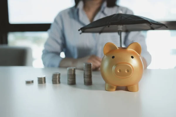 The financial worker held out a piggy bank, An accountant holds an umbrella over a piggy bank, Employees demonstrate how to care for customer assets that will be invested.