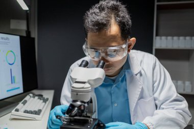 Laboratuvarda çalışan bilim adamı, bir tıp laboratuvarında araştırma yapan bilim adamları, ön planda bir araştırmacı bir mikroskop kullanıyor.,