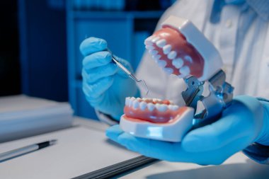 Bir ağız cerrahı, takma dişlerin ağzını incelemek için özel bir diş aleti kullanıyor. Diş hekimleri, diş hekimleri tarafından, diş hekimlerinin yeteneklerini geliştirmek için muayene ediliyor..