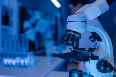 Laboratuvarda çalışma atmosferi, masada kimyasal deneyler yapmak için kullanılan bir mikroskop var, profesyonel bir bilim adamı tıbbi gelişim için çalışıyor.