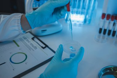 Bir araştırmacı sıvı madde üzerinde bilimsel deneyler yapıyor, bir bilim adamı sıvı örneğini analiz etmek için laboratuvar ekipmanları kullanıyor, kimyasallar laboratuarda test ediliyor.