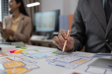 Mobil telefon uygulaması ve geliştirme şablonu düzeni, UI geliştirmesi için web sitesi uygulaması çizimi, yaratıcı ofisteki ux ui projesi üzerinde çalışan tasarım ekibi, yaratıcı web takımı