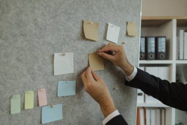 Bir işadamı verimli bir şekilde çalışmak ve şirket üzerinde en olumlu etkiyi yaratmak için bir strateji planlıyor. Bir şirketin yöneticisi, fikirleri kolayca anlayabilmek için somut bir forma sokuyor..