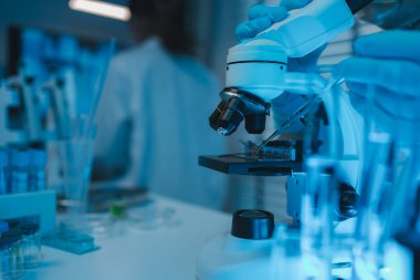 Laboratuvar, modern laboratuvarda bilimsel ekipman üzerinde çalışan bilim adamı, tıbbi laboratuvarda birlikte çalışan uluslararası bilim adamları, kimyasallar ve bakteriler üzerine araştırma yapıyorlar.