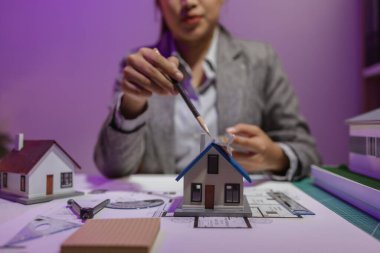 Tecrübeli bir kadın mühendis, özel ofisindeki bir ev modeline son bir çek veriyor. Planlara uyduğundan ve inşaatın bitiş tarihine yetiştiğinden emin olmak için.