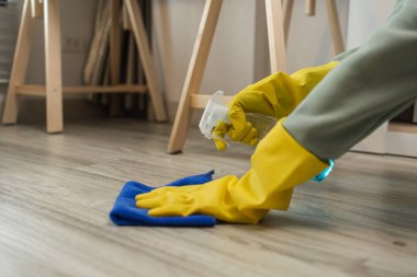 Kadın ev ofisini temizliyor, odayı temizliyor, ellerini korumak için lastik eldiven takıyor, temizlikçi evi temizliyor, ortalığı topluyor.