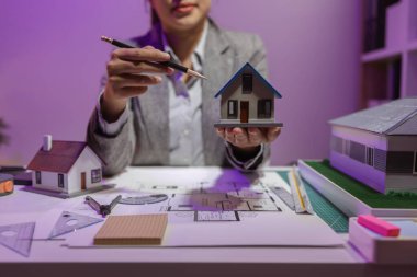 Tecrübeli bir kadın mühendis, özel ofisindeki bir ev modeline son bir çek veriyor. Planlara uyduğundan ve inşaatın bitiş tarihine yetiştiğinden emin olmak için.