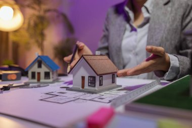 Tecrübeli bir kadın mühendis, özel ofisindeki bir ev modeline son bir çek veriyor. Planlara uyduğundan ve inşaatın bitiş tarihine yetiştiğinden emin olmak için.