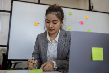 İş adamı özel bir ofiste çalışıyor, satış promosyon planlama personeli bir toplantıda sunum yapmak için bir plan yazıyor, şirket çalışma ortamı.,