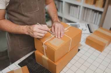 Paketleme odasındaki kutuları kontrol ediyor, küçük bir işletme sahibi kutuları müşterilere, ürünlere, e-ticarete, çevrimiçi satış ve ihracat şirketlerindeki girişimcilere göndermek için hazırlıyor.