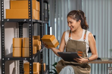 Bir bayan çalışan depodaki paket kutularını kontrol ediyor, bir depo müdürü raflardaki paket kutularını sayıyor, küçük bir online işletme sahibi bir depo odasında.