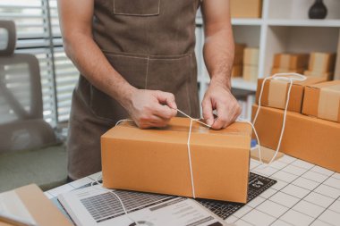 Çalışan, müşterilere nakliyeye hazırlanmak için ürünleri kutulara koyuyor, küçük bir online işletme sahibi müşterilere göndermeden önce doğruluk için kutucukları işaretliyor, paket,