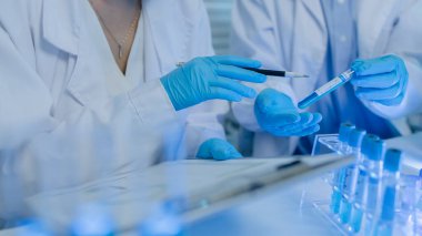 İki bilimadamı laboratuvarda sıvı madde üzerinde bir deney yaparken birbirlerine danışırlar, iki kimyager derleme, araştırma ve laboratuvar için deneysel veri alışverişinde bulunurlar.,