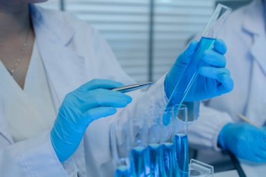 Bir kadın kimyager laboratuvarda çeşitli sıvı bileşiklerini test ediyor, bir bilim adamı bu gelişim üzerine araştırma yapıyor, laboratuvar, test tüpü ve bilimsel ekipmanlarda çalışırken önlük giyiyor.