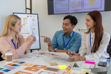 ux, ui, web ve mobil uygulama tasarımcıları, kullanıcılar için kolay ve keyifli hale getirmek için renk şemaları ve planlar da dahil olmak üzere tasarladıkları web sitesi veya uygulamanın görünüm ve hissini tartışıyor