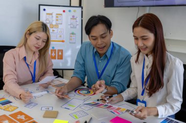 ux, ui, web ve mobil uygulama tasarımcıları, kullanıcılar için kolay ve keyifli hale getirmek için renk şemaları ve planlar da dahil olmak üzere tasarladıkları web sitesi veya uygulamanın görünüm ve hissini tartışıyor