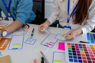 ux, ui, web ve mobil uygulama tasarımcıları, kullanıcılar için kolay ve keyifli hale getirmek için renk şemaları ve planlar da dahil olmak üzere tasarladıkları web sitesi veya uygulamanın görünüm ve hissini tartışıyor