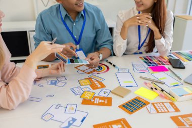 ux, ui, mobil uygulama web tasarımcıları müşterilerin görebileceği ve rahat hissedecekleri bir görsel ekran tasarlamak için beyin fırtınası yapıyorlar. Bu yüzden renk tonları ve düzenleri dikkatlice seçilmelidir.