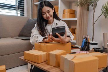 Girişimci, çevrimiçi ürün satıyor, çevrimiçi ürün satan küçük bir işletmesi var, Sme, odada bir sürü paket var, onun çevrimiçi deposunda çalışıyor.