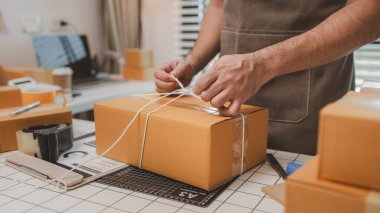 Çalışan, müşterilere nakliyeye hazırlanmak için ürünleri kutulara koyuyor, küçük bir online işletme sahibi müşterilere göndermeden önce doğruluk için kutucukları işaretliyor, paket,