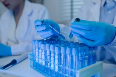 İki bilimadamı laboratuvarda sıvı madde üzerinde bir deney yaparken birbirlerine danışırlar, iki kimyager derleme, araştırma ve laboratuvar için deneysel veri alışverişinde bulunurlar.,