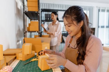 İki genç kadın, küçük bir işletme ofisinde birlikte çalışıyorlar, etrafları paket ve belgelerle çevrili. Görevleri tartışıyor, envanterleri kontrol ediyor ve takım çalışması ve odaklanmayla paketleri hazırlıyorlar..