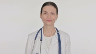 Beyaz Arkaplanda Genç Kadın Doktor 'dan Baş Parmakla 