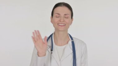 Young Female Doctor Talking on Online Video Call on White Background 