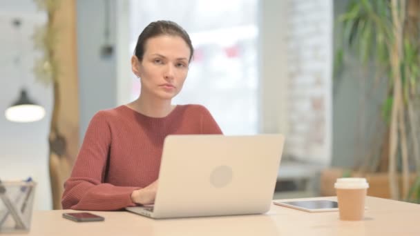 Young Woman Shaking Head Rejection While Working Laptop — Stock Video