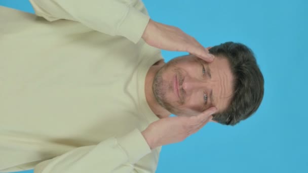 Tense Handsome Young Man Headache Blue Background Vertical Video — Αρχείο Βίντεο