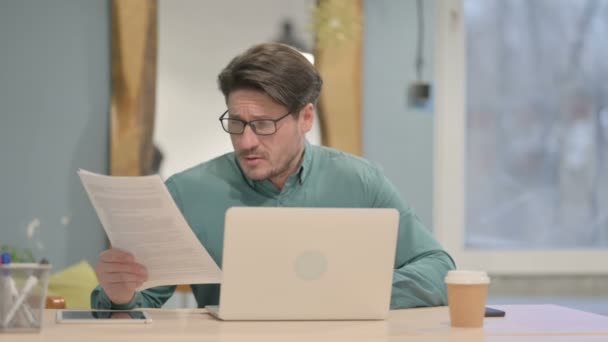 Mature Adult Businessman Working Laptop Documents — Video
