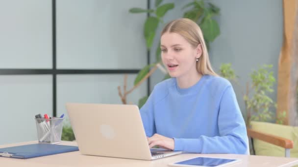 Young Woman Celebrating Online Success Laptop — Stock video
