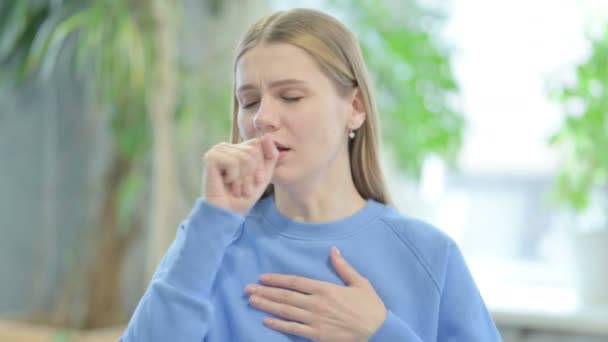 Portrait Casual Young Woman Suffering Cough — Vídeos de Stock