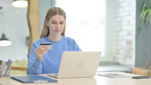 Excited Young Woman Shopping Online Debit Card — Stockvideo