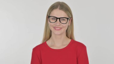 Approval by Casual Young Woman, Shaking Head on White Background