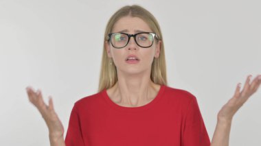Disappointed Casual Young Woman Reacting Loss on White Background