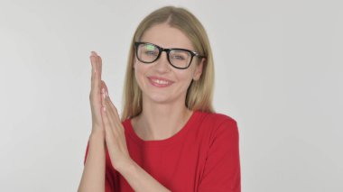 Casual Young Woman Clapping, Applauding on White Background