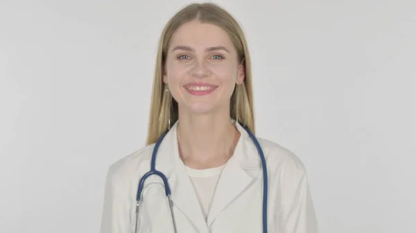 Smiling Young Female Doctor White Background — Stockfoto
