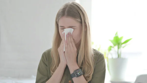 Sick Blonde Young Woman Coughing, Feeling Unwell