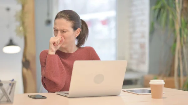 Young Woman Coughing While Working Laptop — Stockfoto