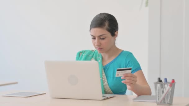 Indian Woman Sari Excited Successful Online Shopping Laptop — стокове відео