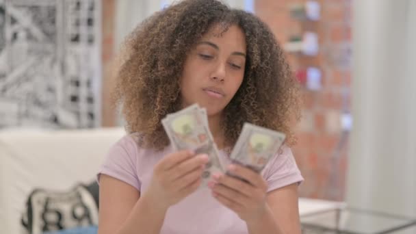 Portrait African American Woman Counting Dollars Money Making — Stok Video