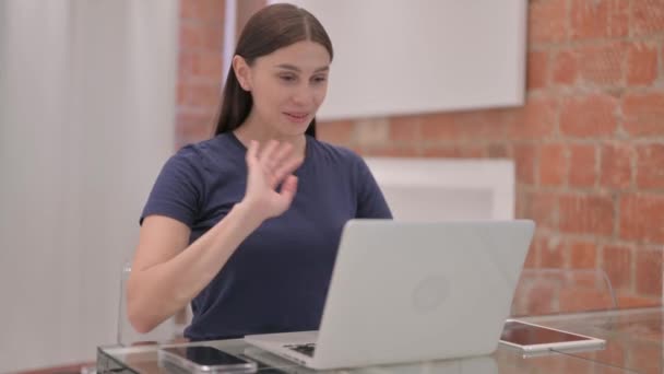Portrait Young Latina Woman Celebrating Success Tablet Stock Video